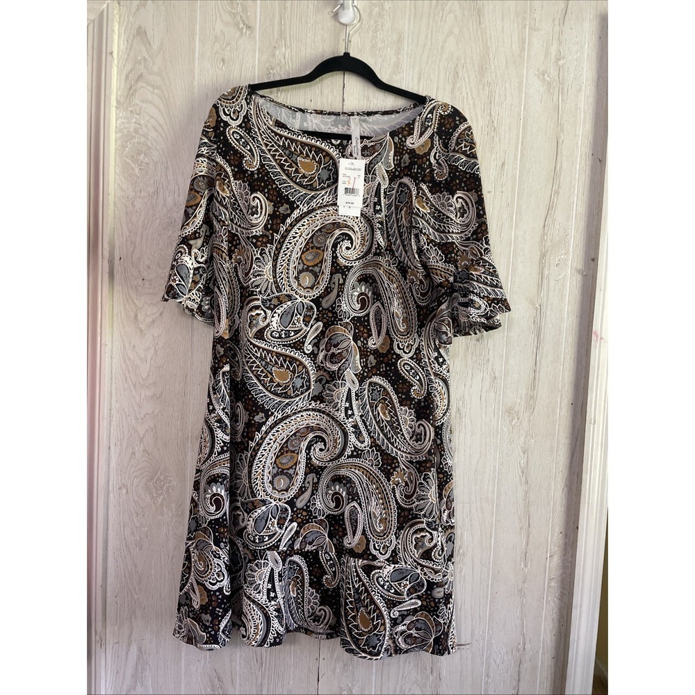 NY Collection ~ BLACK & TAN Paisley Print DRESS New With Tag Size 1xl‎